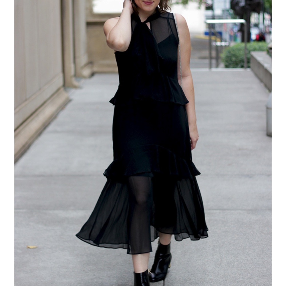 NWT Who What Wear Target Black Sheer ruffled tiered Maxi dress sleeveless sz S
